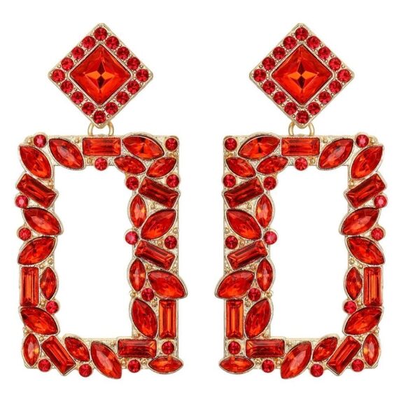 Yellow Gold with Ruby Red Crystal Geometric Open Rectangle Post Back Earrings - Picture 1 of 5